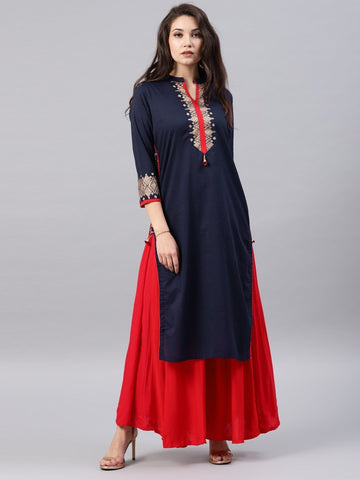 Women Navy Blue & Red Yoke Design Straight Kurta only D2038