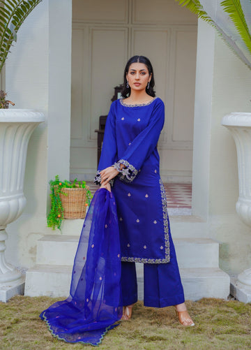 Royal blue pret embroidered dress 3-piece - ready to wear - Threads & Weaves