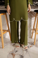 Embroidered Solid 2PC Dress - SP-04 Olive Green