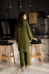 Embroidered Solid 2PC Dress - SP-04 Olive Green