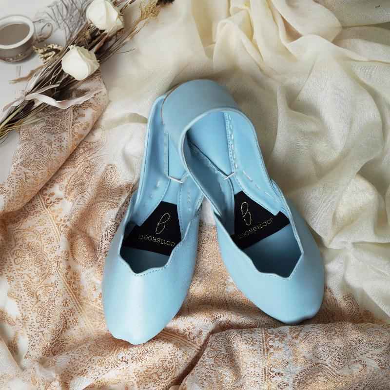 “Side view of PerfPastel Powder Blue Khussa shoes showing smooth leather design and comfortable fit for women”