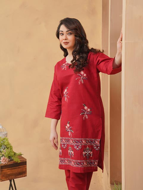 Maroon Blossom Embroidered Dress