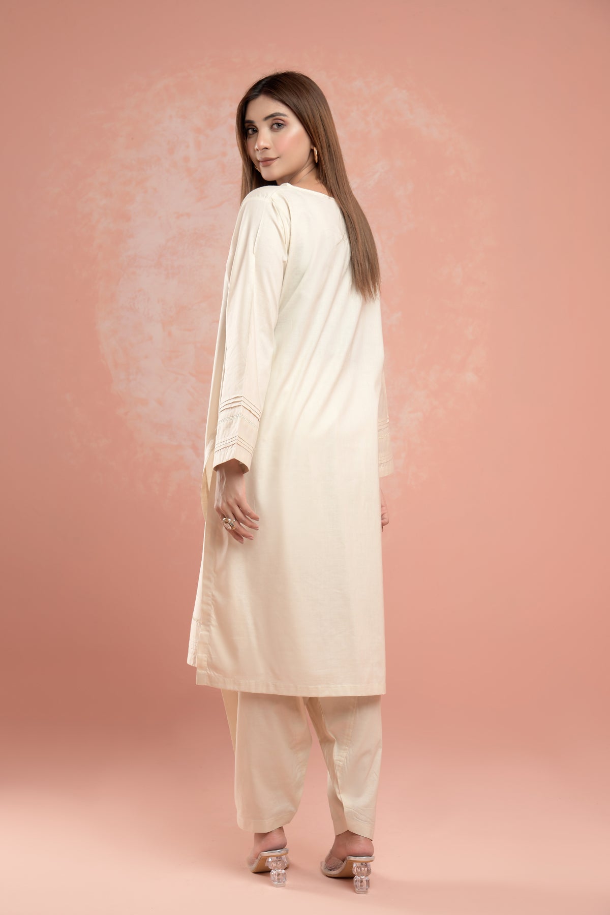 2 Piece Lawn Suit with tussle-Blond White - Peach Republic