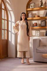Beige Schiffli Embroidered Cotton 2PC Suit