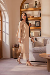 Beige Schiffli Embroidered Cotton 2PC Suit