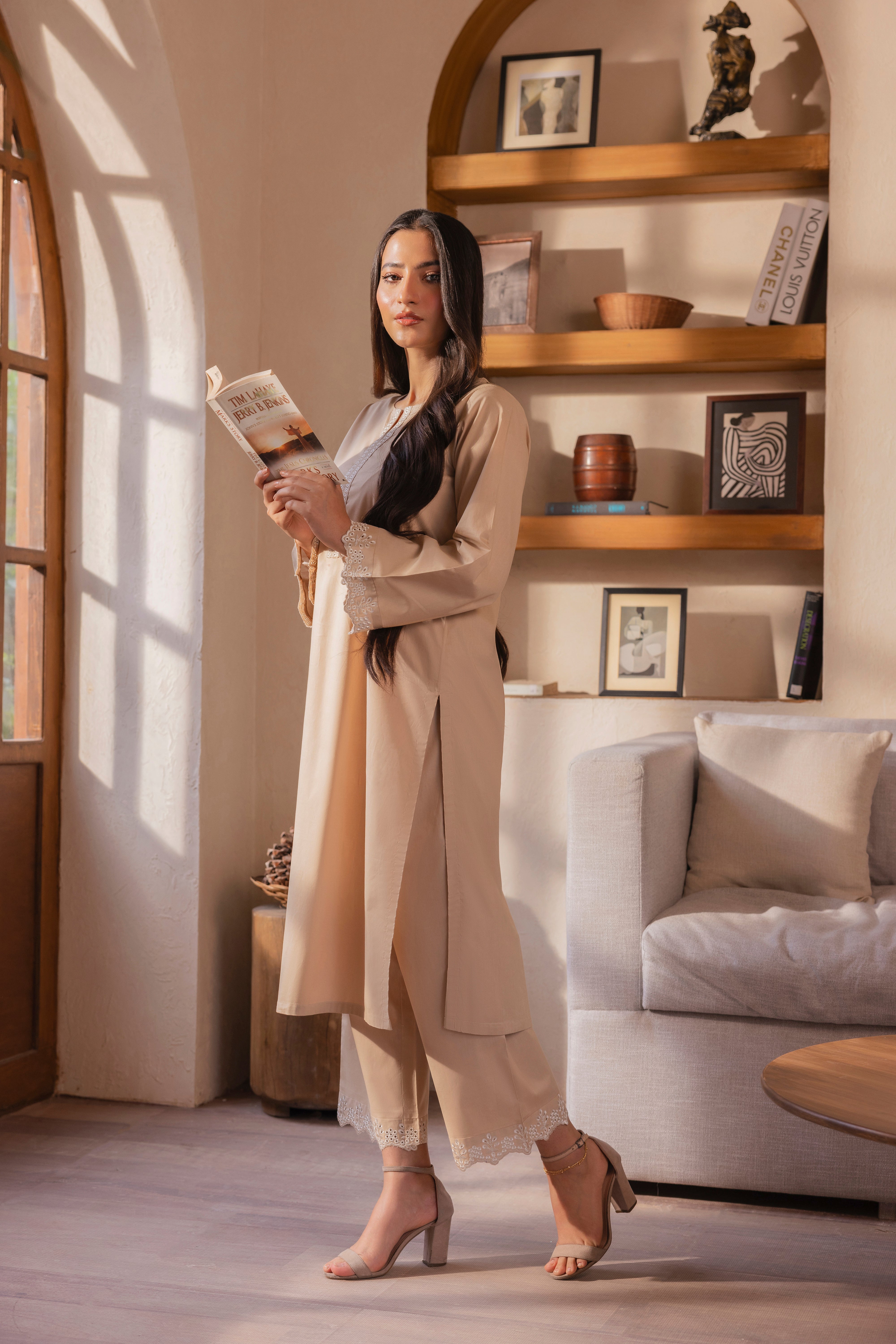 Beige Schiffli Embroidered Cotton 2PC Suit