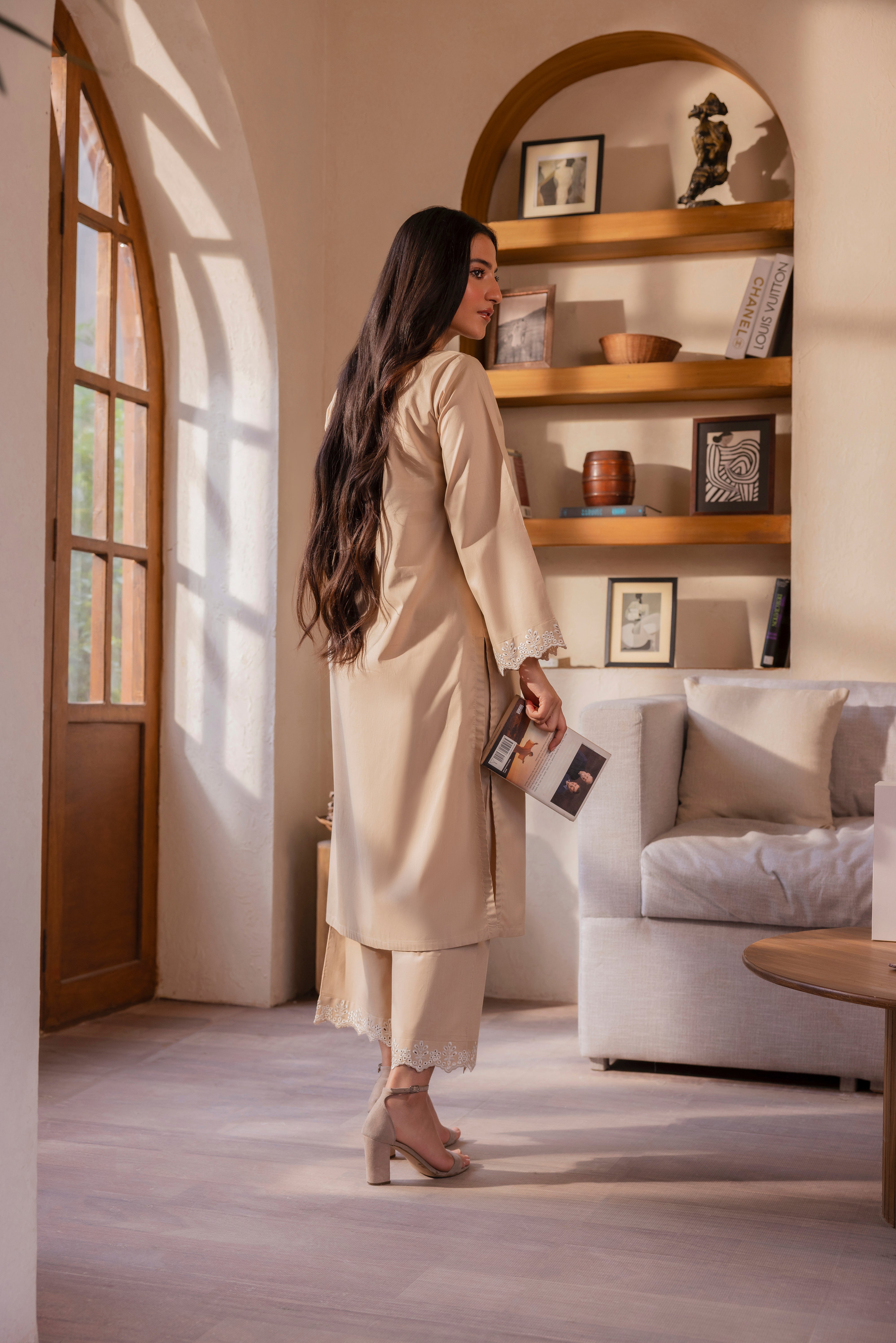 Beige Schiffli Embroidered Cotton 2PC Suit