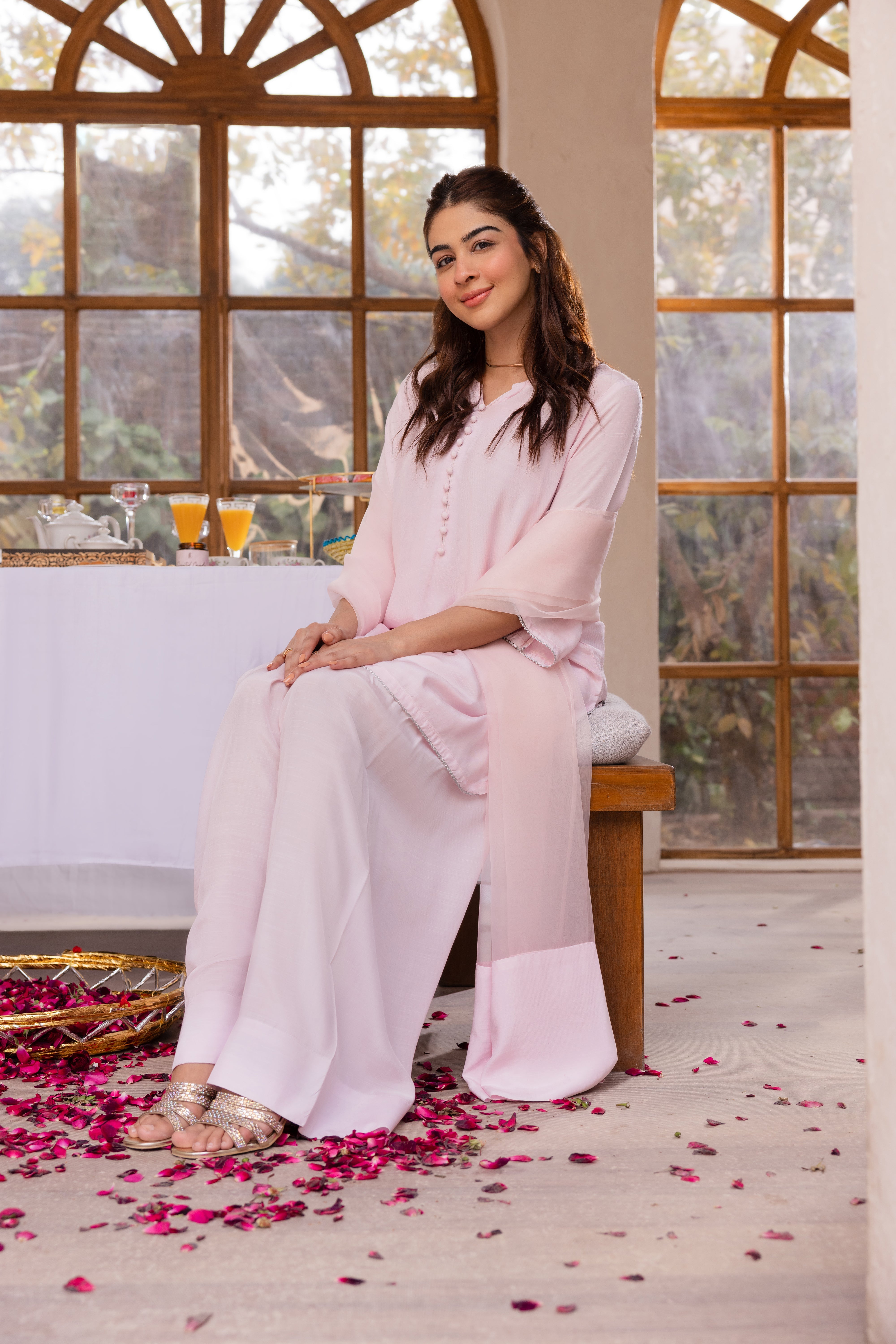 Farshi Shalwar Baby Pink Raw Silk 4PC Suit