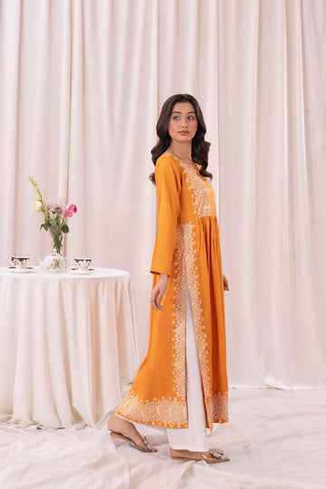 Mustard yellow printed long kurta, Sleeves separate attatch D2035