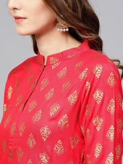 Women Red & Golden Block Print Fit & Flare Dress
