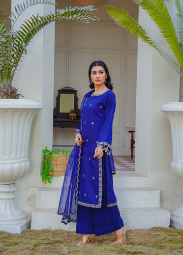 ROYAL BLUE - PRET 3PC Embroidered Dress