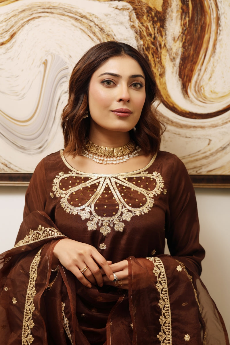 Chocolate - 3 Pc Tilla Embroidered Silk