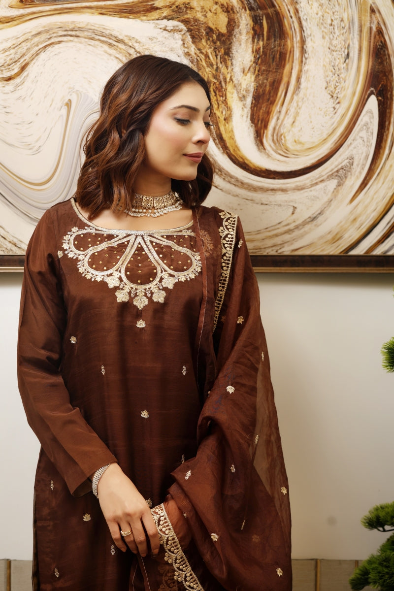 Chocolate - 3 Pc Tilla Embroidered Silk