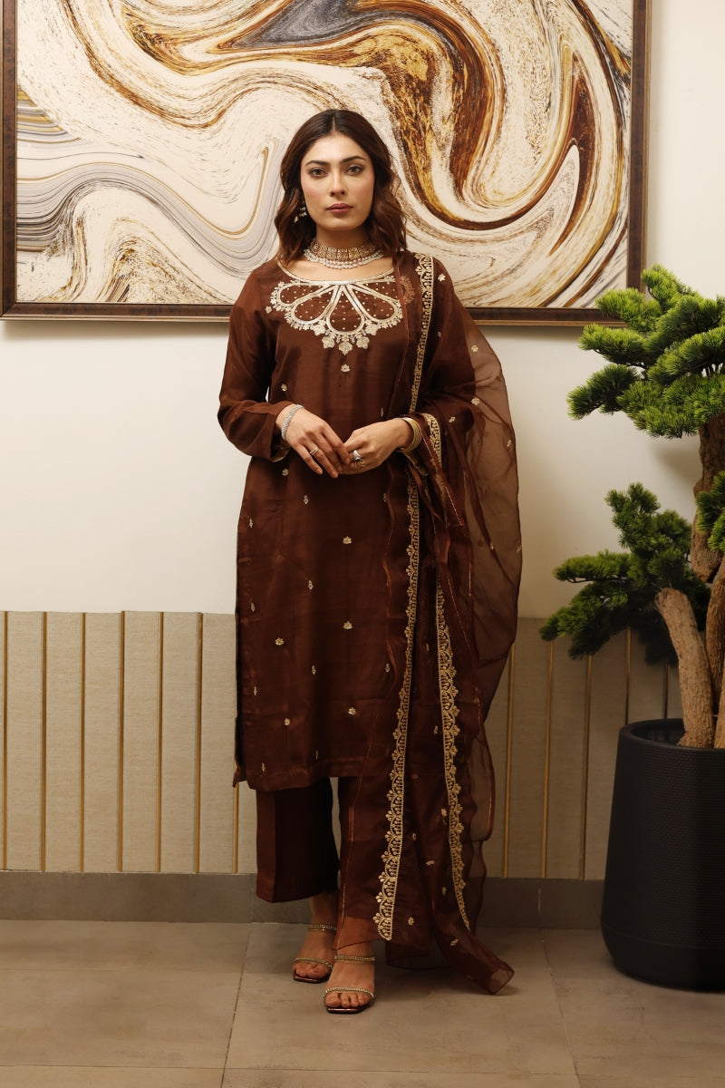 Chocolate - 3 Pc Tilla Embroidered Silk