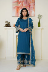 Elegant Teal Blue Embroidered Lawn 3-Piece Suit - Ready to Wear