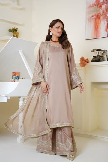 Champagne beige embroidered viscose suit - ready to wear - Threads & Weaves
