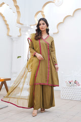 Olive green pret embroidered dress 3-piece - ready to wear - Threads & Weaves