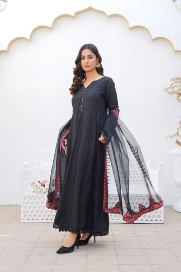 BLACK - PRET 3PC Embroidered Dress