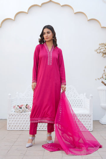 Bright pink pret embroidered dress 3-piece - ready to wear - Threads & Weaves