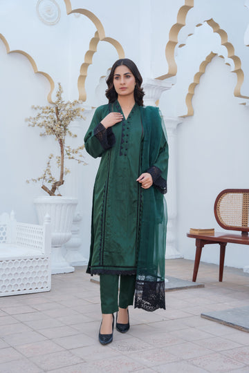 BOTTLE GREEN - PRET 3PC Embroidered Dress