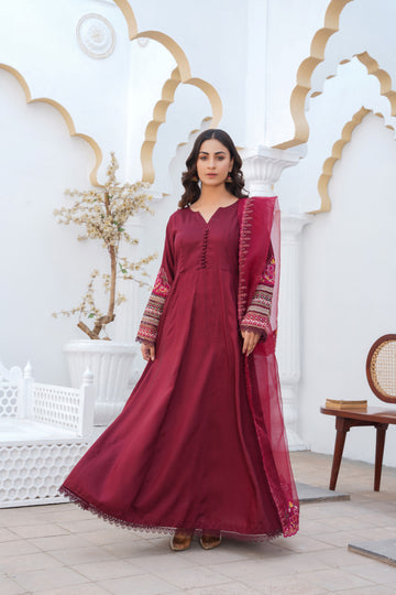 MAROON - PRET 3PC Embroidered Dress