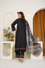 Black Embroidered 3-Piece Ready-to-Wear Viscose Suit