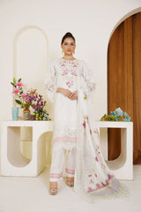 White Embroidered 3-Piece Ready-to-Wear Lawn Suit with Floral Dupatta