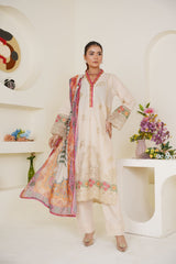 Ivory Cream Embroidered Lawn 3-Piece Pret Suit with Multicolor Dupatta