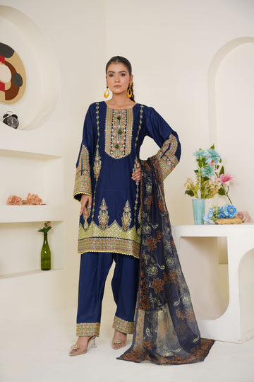 Royal blue embroidered lawn pret suit - ready to wear - Threads & Weaves