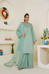 Pastel Sea Green Solid 3-Piece Ready-to-Wear Suit with Embroidered Dupatta & Trouser
