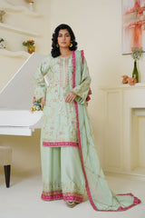 Mint Green & Pink Embroidered Viscose 3-Piece Suit – Ready to Wear