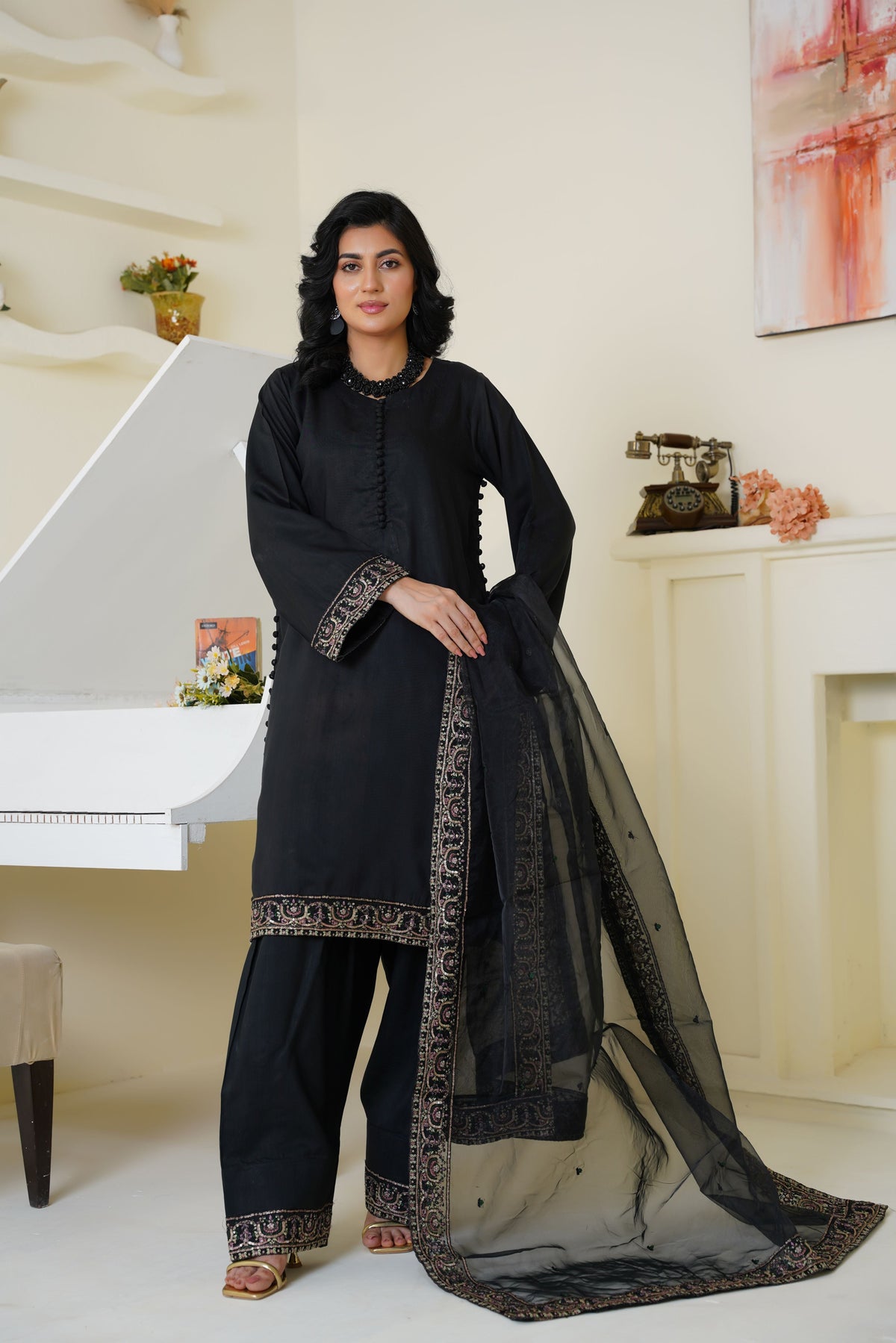 Classic Black Embroidered Viscose 3-Piece Suit – Ready to Wear