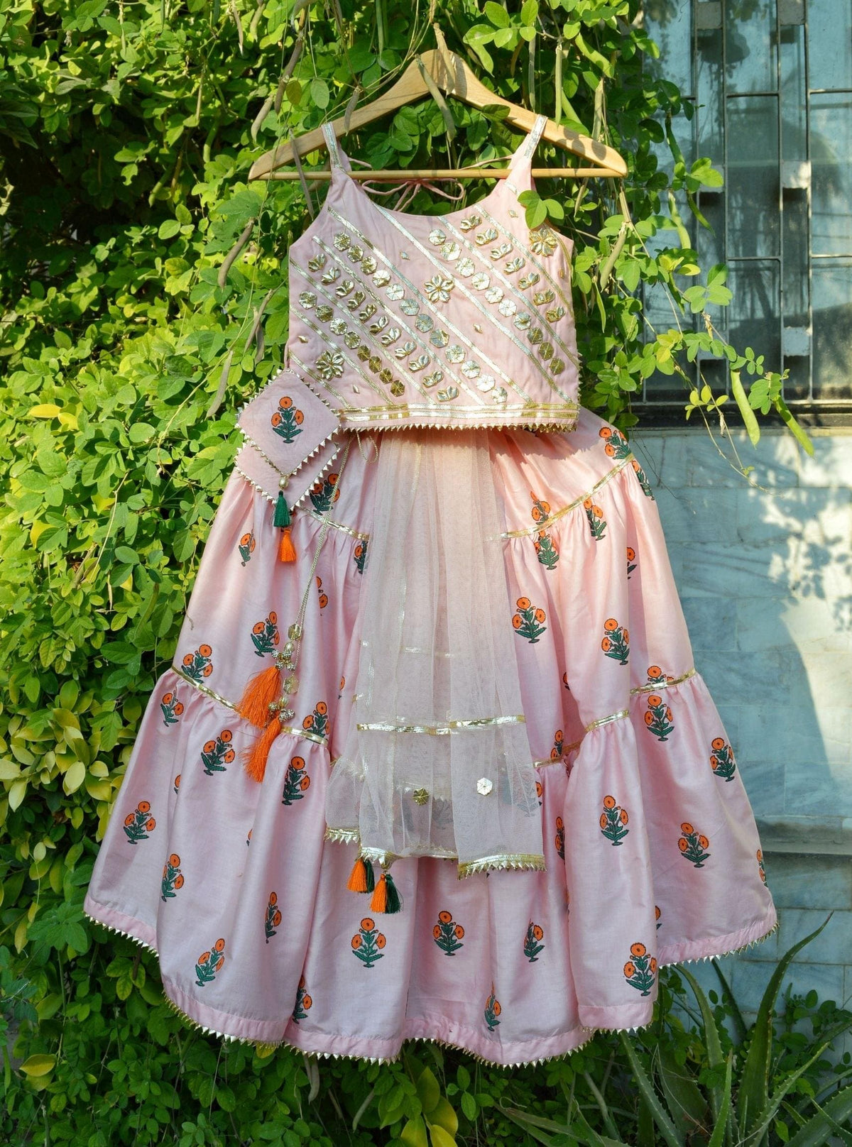 Peachy Pink Blockprinted Lehenga Choli Set