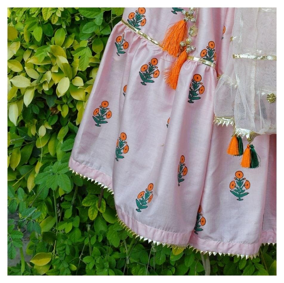Peachy Pink Blockprinted Lehenga Choli Set