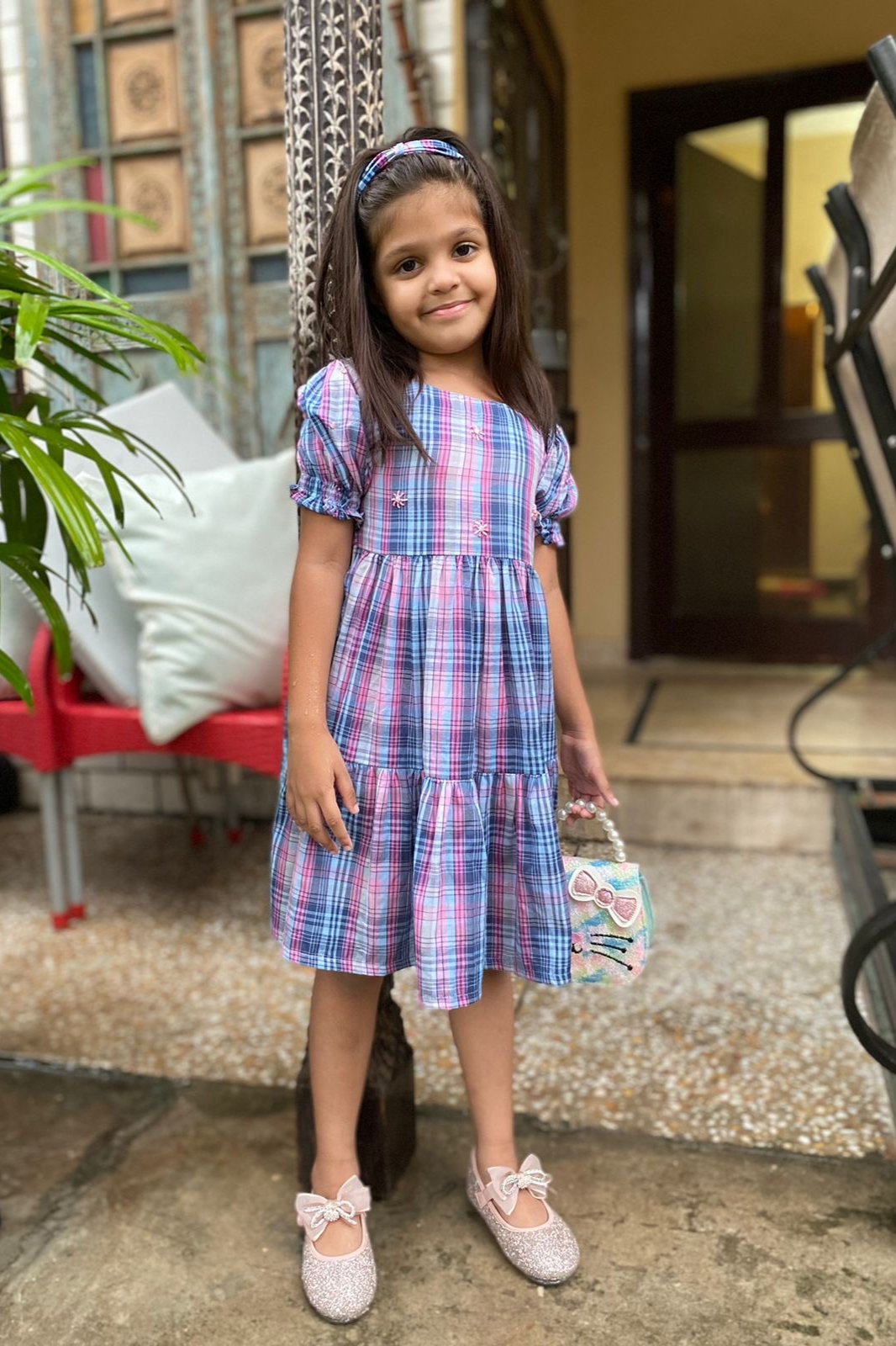 Floral check flared frock