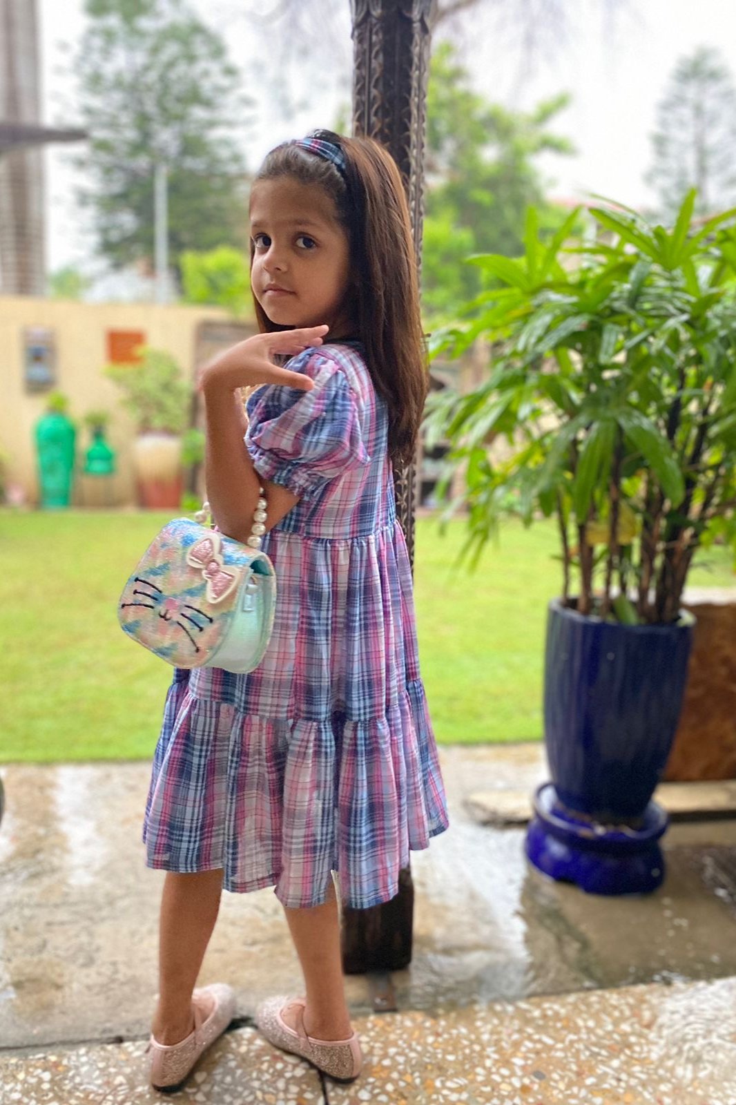 Floral check flared frock