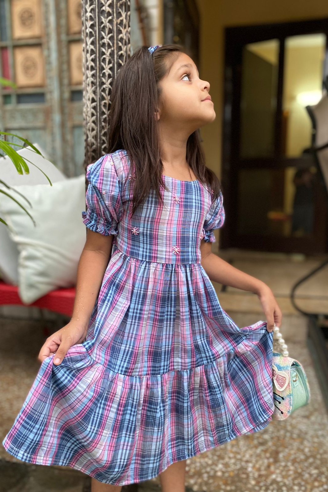 Floral check flared frock