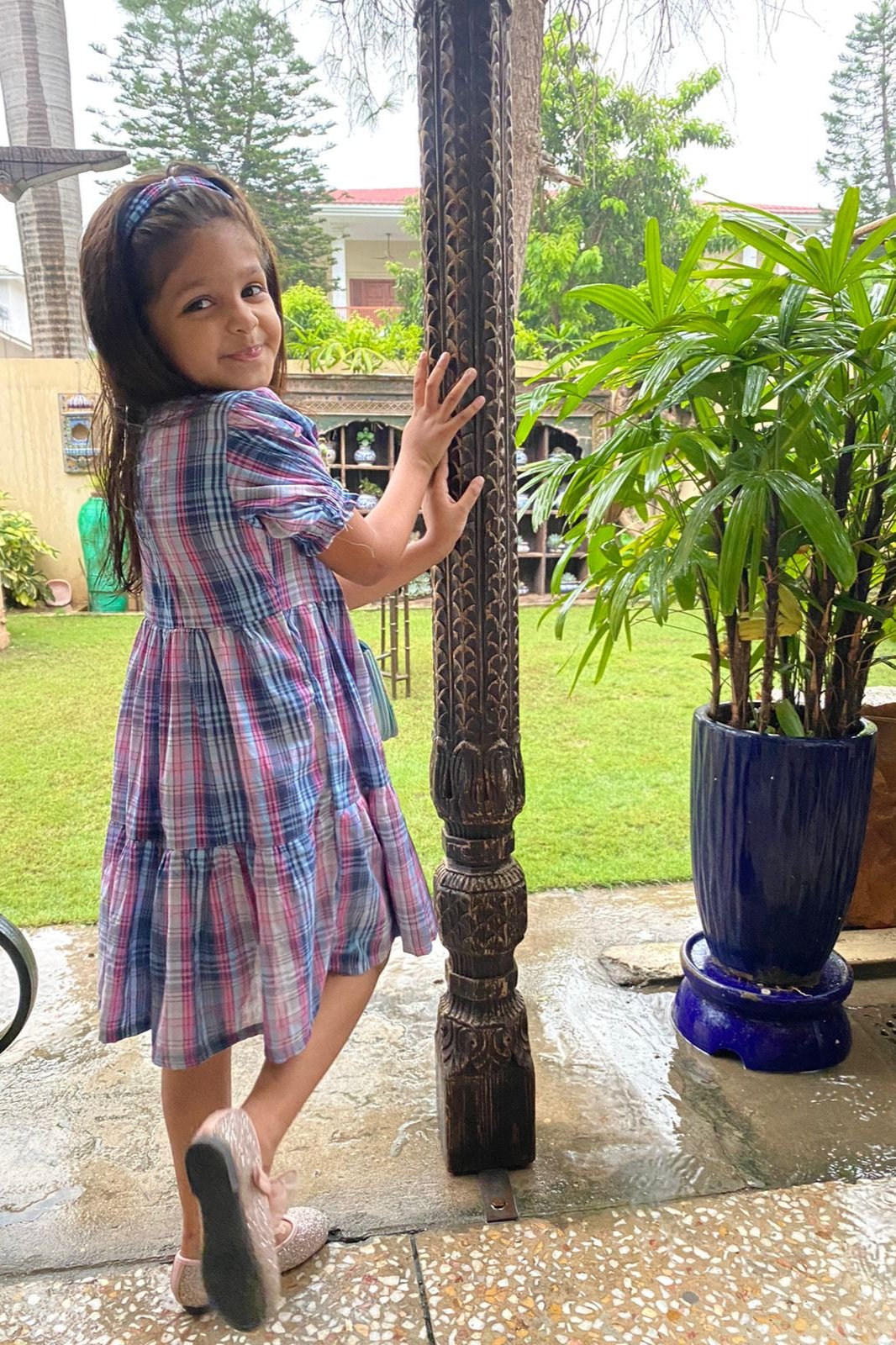 Floral check flared frock