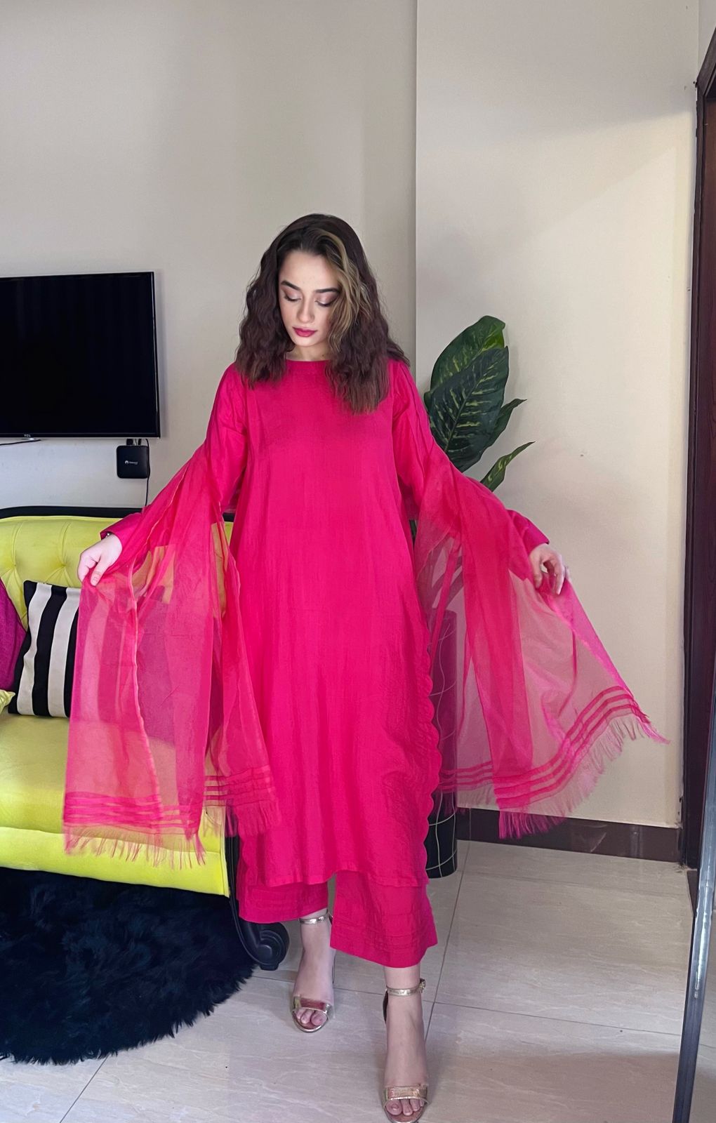 Pink Raw Silk outfit with dupatta (3pc)