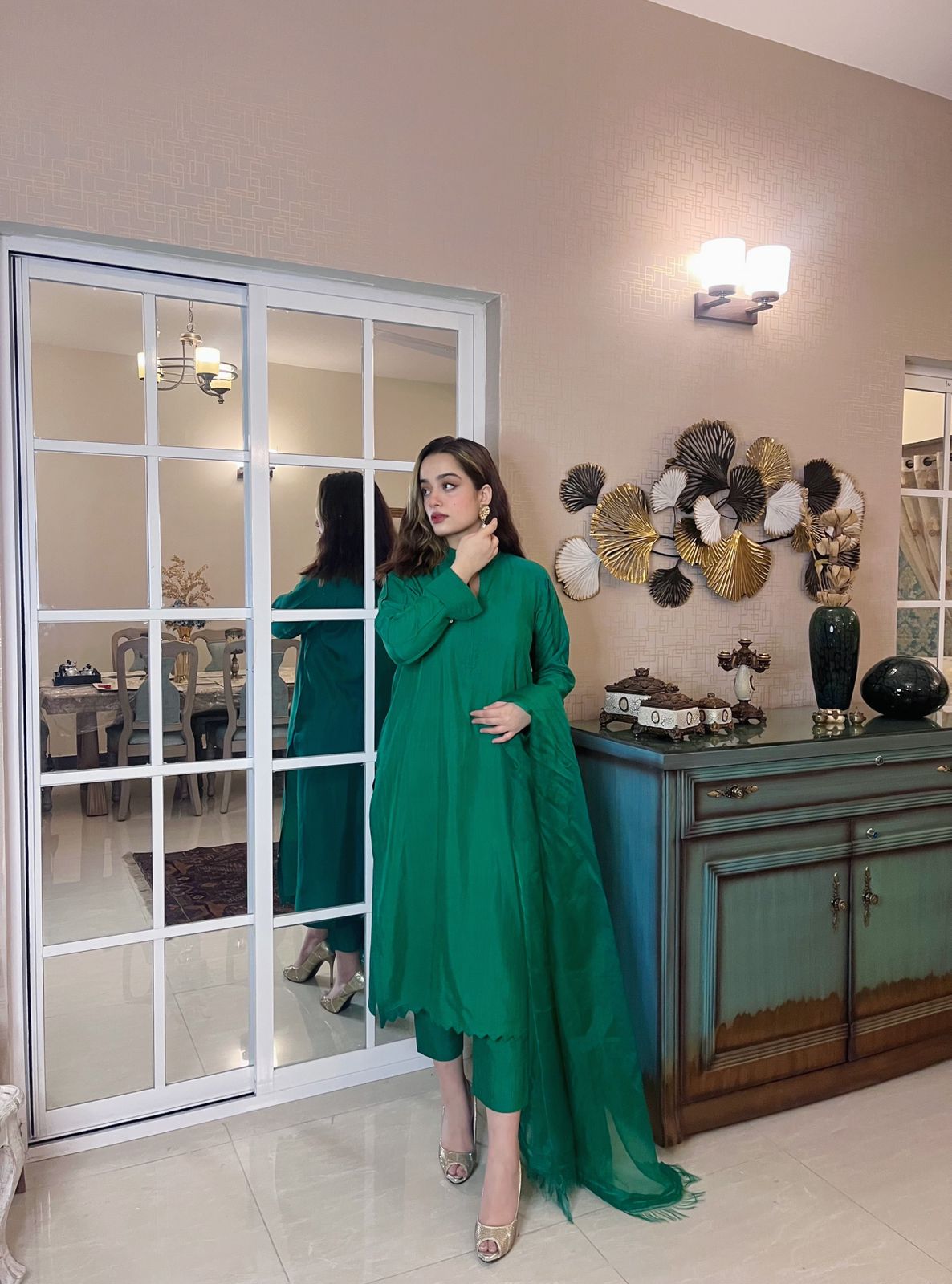 Green Raw Silk outfit with dupatta (3pc)