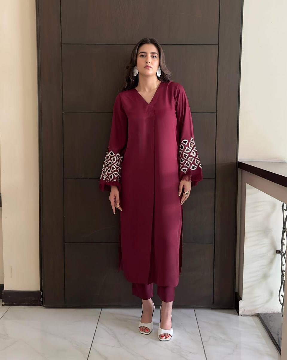 Burgundy Maroon Embroidered  Tunic