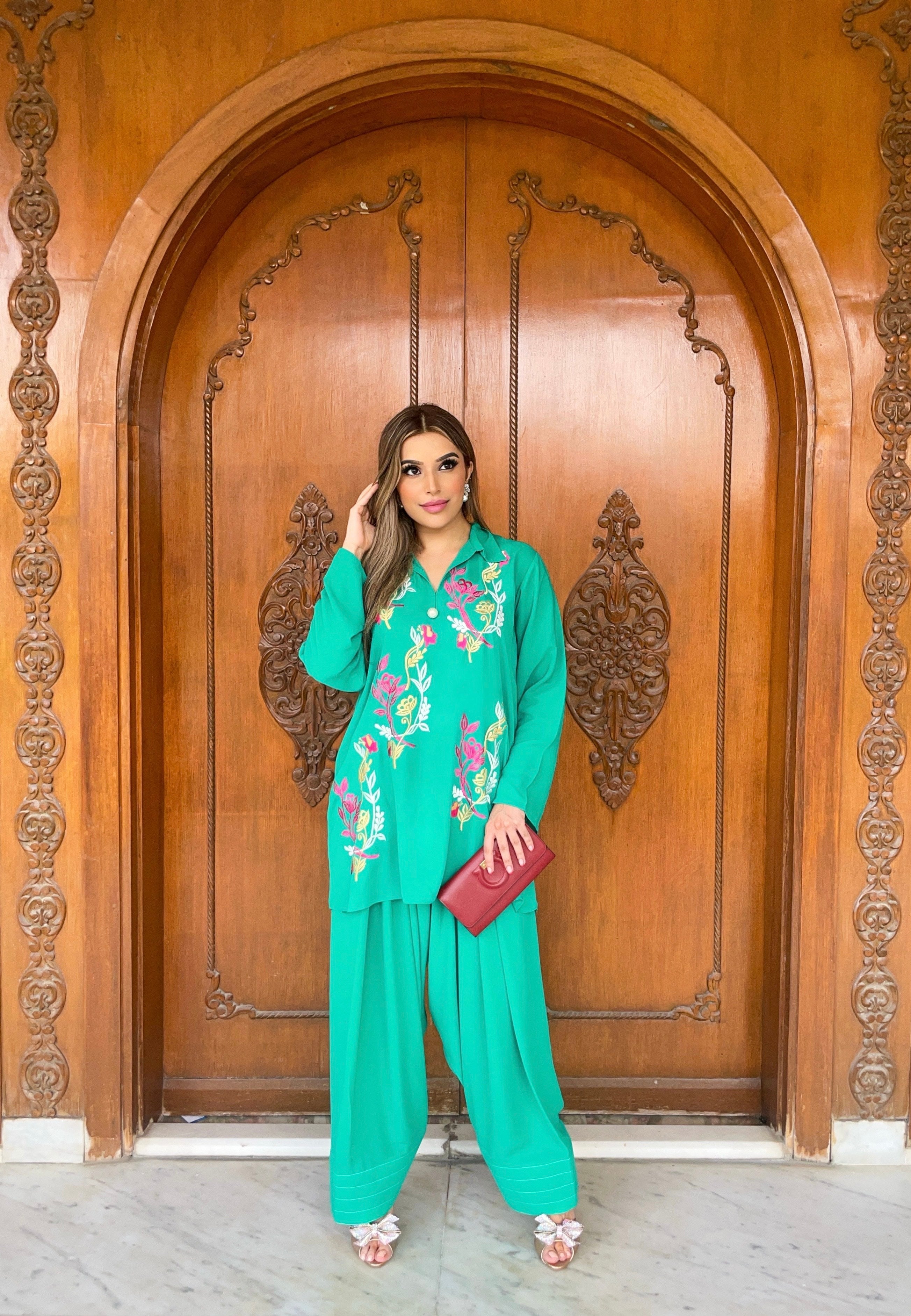 Green Aura Embroidered two pc