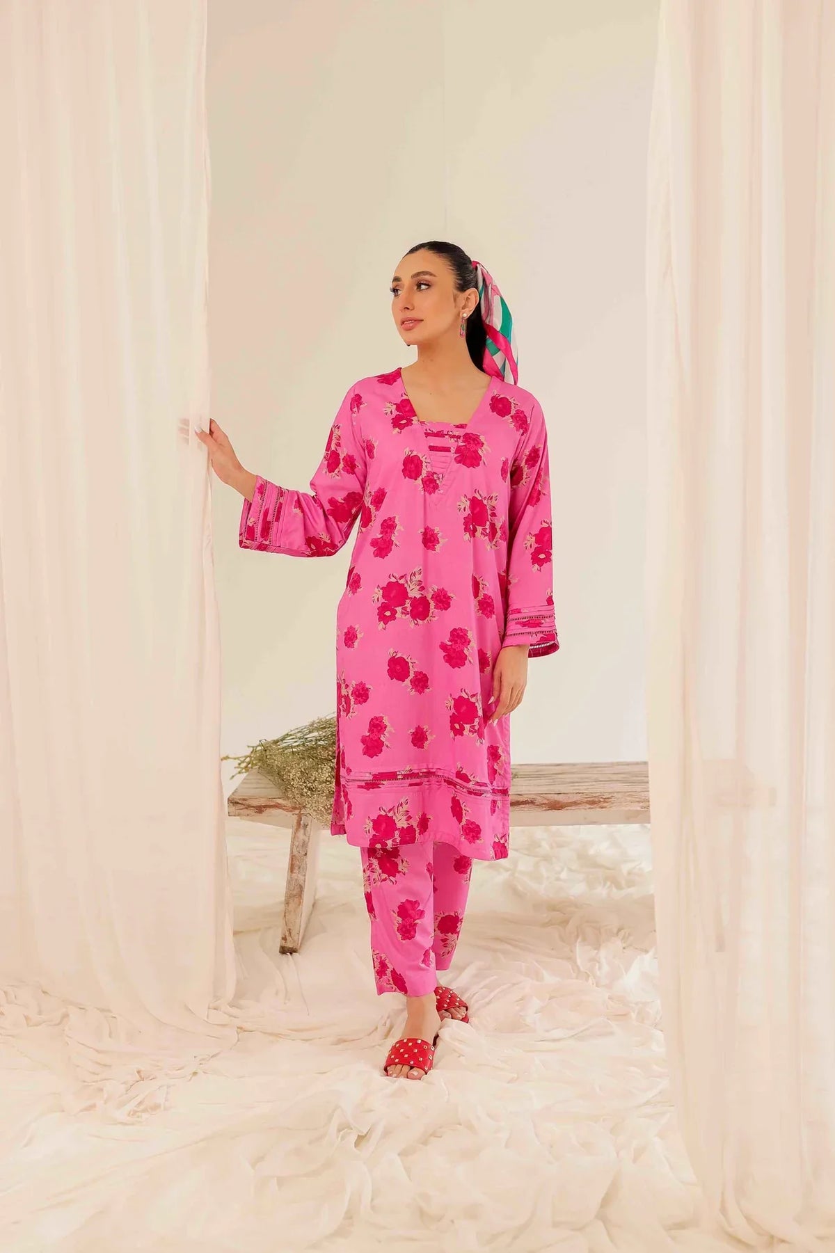 Printed 2PC Pink Linen Dress- PR14