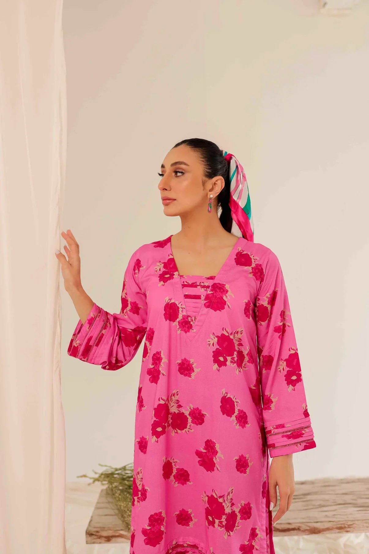 Printed 2PC Pink Linen Dress- PR14