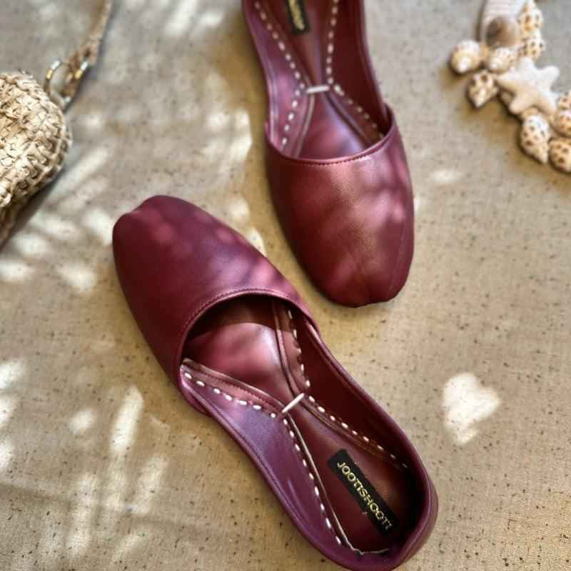 “Maroon Nawabi Khussa shoes for women, deep maroon leather, luxurious traditional ethnic footwear Pakistan”