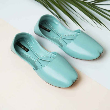 “Powder Blue Nawabi Khussa shoes for women, soft powder blue leather, traditional ethnic footwear Pakistan”