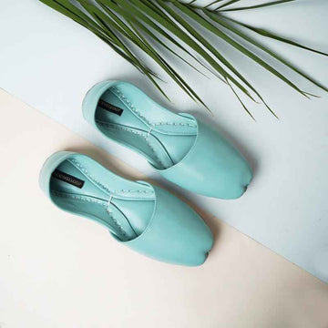 “Side view of Powder Blue Nawabi Khussa shoes showing smooth leather and comfortable fit for women”