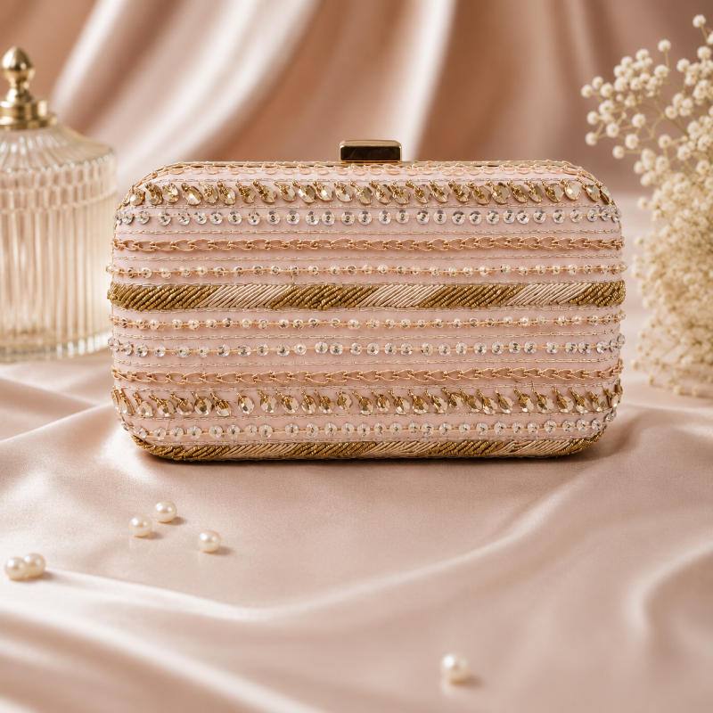 A rectangular evening clutch bag with ornate horizontal stripes of gold and silver beads, sequins, and faux pearls, resting on a draped satin fabric backdrop.