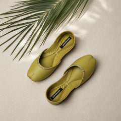 “Side view of Olive Green Zari Khussa shoes showing embroidery accents and comfortable fit for women”