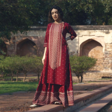 Maroon Polka Printed Kurta with Maroon Skirt D2022